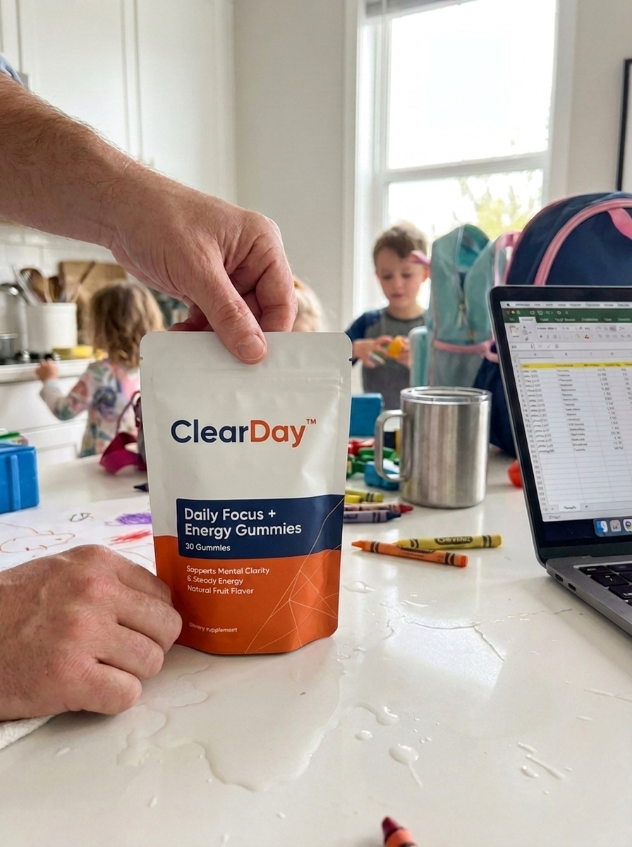 ClearDay Daily Clarity soft chews on a busy kitchen counter